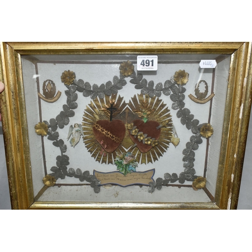 491 - TWO FRAMED VICTORIAN RELIQUARY STYLE PICTURES, comprising a small gilt frame, containing a border of... 