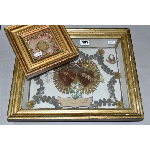 491 - TWO FRAMED VICTORIAN RELIQUARY STYLE PICTURES, comprising a small gilt frame, containing a border of... 