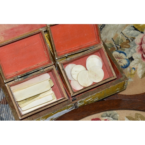 492 - A BOX CONTAINING NINETEENTH CENTURY NEEDLEWORK AND A GEORGIAN GAME BOX, comprising a wooden framed p... 