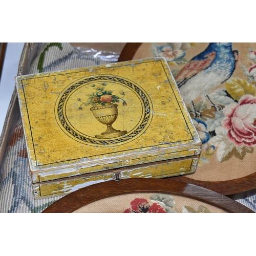 492 - A BOX CONTAINING NINETEENTH CENTURY NEEDLEWORK AND A GEORGIAN GAME BOX, comprising a wooden framed p... 