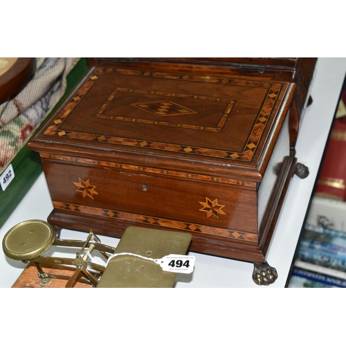 494 - A TEA CADDY, A WOODEN BOX AND A SET OF POSTAL SCALES, comprising a bombe tea caddy with internal div... 