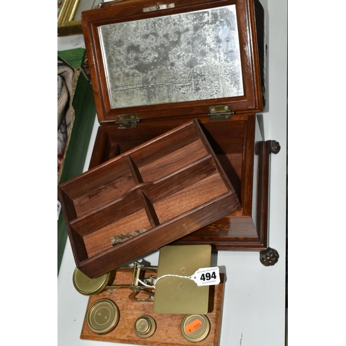 494 - A TEA CADDY, A WOODEN BOX AND A SET OF POSTAL SCALES, comprising a bombe tea caddy with internal div... 