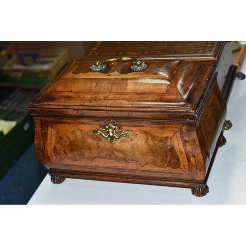 494 - A TEA CADDY, A WOODEN BOX AND A SET OF POSTAL SCALES, comprising a bombe tea caddy with internal div... 