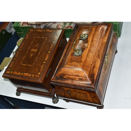 494 - A TEA CADDY, A WOODEN BOX AND A SET OF POSTAL SCALES, comprising a bombe tea caddy with internal div... 