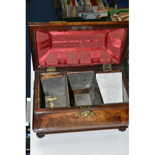 494 - A TEA CADDY, A WOODEN BOX AND A SET OF POSTAL SCALES, comprising a bombe tea caddy with internal div... 