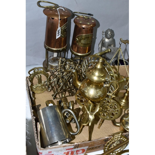 501 - A BOX OF BRASSWARE, to include a Cambrian  No. 230291 miner's lamp by E .Thomas & Williams Ltd. an A... 