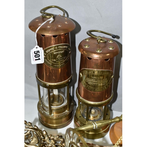 501 - A BOX OF BRASSWARE, to include a Cambrian  No. 230291 miner's lamp by E .Thomas & Williams Ltd. an A... 