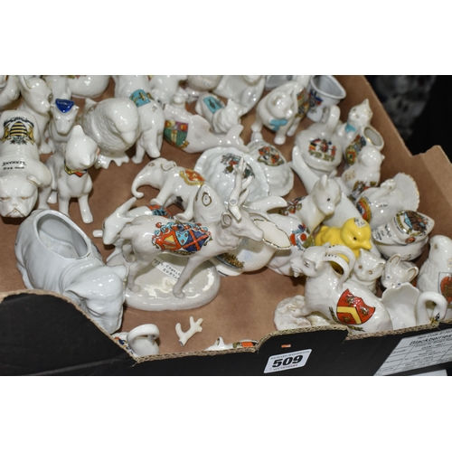 509 - ONE BOX OF CRESTED WARE ANIMAL ITEMS, over fifty pieces to include a Grafton Ware monkey with a Flee... 