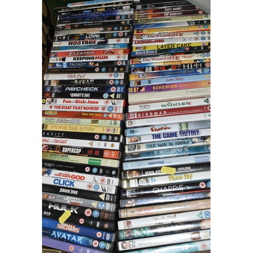 513 - TWO BOXES OF METALWARE AND DVDS, seventy assorted D.V.D's to include Small Soldiers, Avatar, Freaky ... 