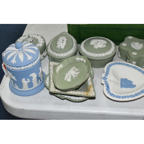 518 - A GROUP OF WEDGWOOD JASPERWARE, comprising a blue lidded pot, jug, height 16cm (damaged glaze and ha... 