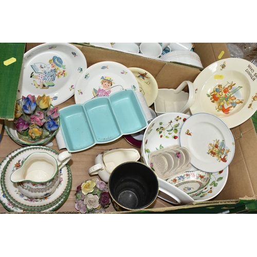 519 - FIVE BOXES OF CERAMICS AND GLASSWARE, to include two J&G Meakin  'Aztec' coffee sets, a Colclough 'S... 