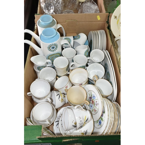 519 - FIVE BOXES OF CERAMICS AND GLASSWARE, to include two J&G Meakin  'Aztec' coffee sets, a Colclough 'S... 