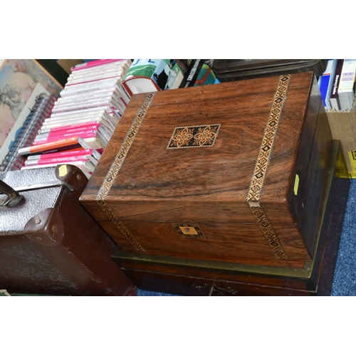 520 - FOUR BOXES OF BOOKS, MAPS AND SUNDRIES, to include a Tunbridge Ware hinged sewing box, width 30cm x ... 