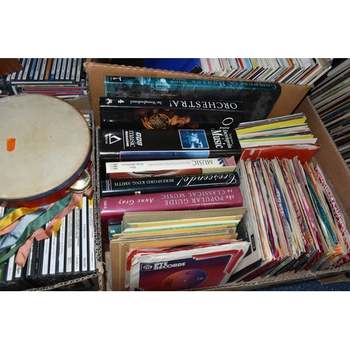 525 - FIVE BOXES AND LOOSE RECORDS, CDS, BOOKS, METRONOME AND TAMBOURINE, to include approximately one hun... 