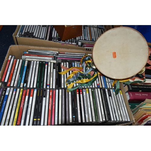 525 - FIVE BOXES AND LOOSE RECORDS, CDS, BOOKS, METRONOME AND TAMBOURINE, to include approximately one hun... 