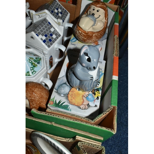 530 - THREE BOXES OF WADE CERAMICS, to include thirty eight Whimsey-on Why cottages, a boxed Alice in Wond... 