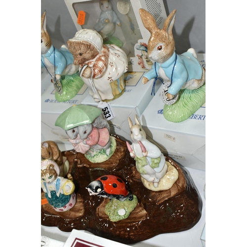 533 - A GROUP OF ROYAL ALBERT AND BESWICK BEATRIX POTTER FIGURES ETC, comprising two large boxed Beswick 1... 