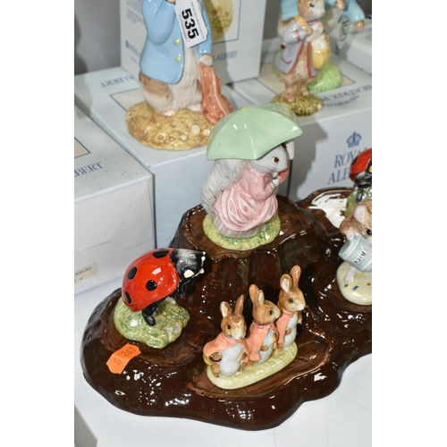 535 - A GROUP OF ROYAL ALBERT AND BESWICK BEATRIX POTTER FIGURES ETC, comprising two large boxed Beswick 1... 