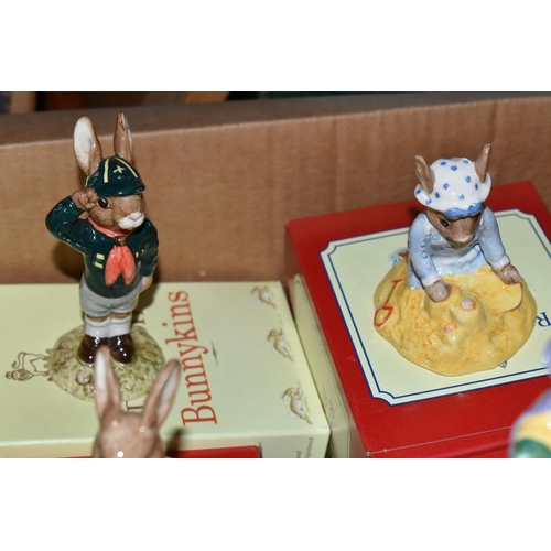 551 - A BOX AND LOOSE BOXED ROYAL DOULTON BUNNYKINS FIGURES, nineteen figures comprising Dollie Bunnykins ... 