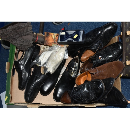 561 - ONE BOX AND TEN ITEMS OF MEN'S SUITS AND SHOES, to include six pairs of UK size 7 shoes, maker's nam... 