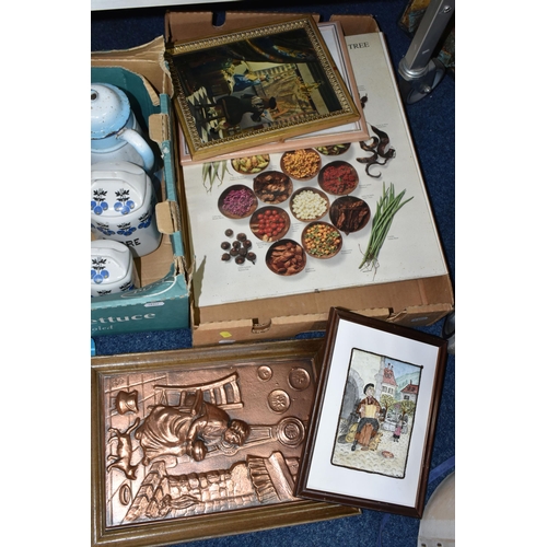 566 - TWO BOXES OF CERAMICS, FRAMED PRINTS AND A WALL PLAQUE, comprising a set of for French lidded kitche... 