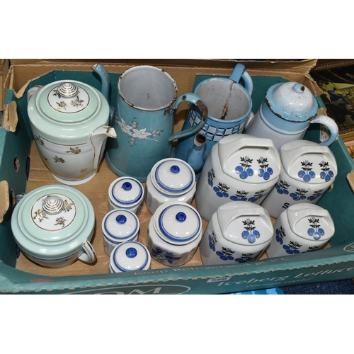 566 - TWO BOXES OF CERAMICS, FRAMED PRINTS AND A WALL PLAQUE, comprising a set of for French lidded kitche... 