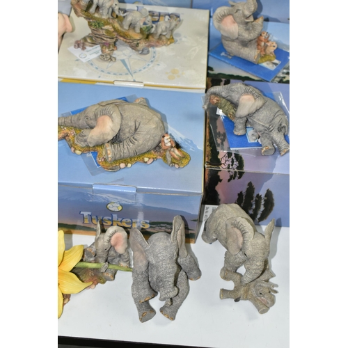 572 - A LARGE QUANTITY OF DAVID CORBRIDGE PIGGIN' FIGURES TOGETHER WITH TEN TUSKERS' ELEPHANT FIGURES, com... 