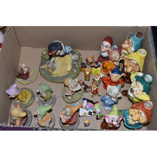 573 - TWO BOXES OF SNOW WHITE AND THE SEVEN DWARF FIGURES, to include four Italian Boccacio decanters, Doc... 