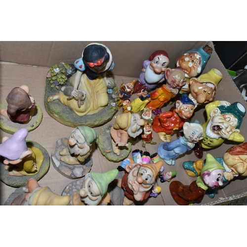 573 - TWO BOXES OF SNOW WHITE AND THE SEVEN DWARF FIGURES, to include four Italian Boccacio decanters, Doc... 