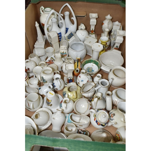 576 - THREE BOXES OF CRESTED WARES ETC, to include vases, jugs, monuments, pot lids etc, brands include Ar... 