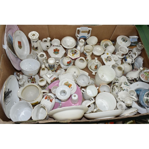 576 - THREE BOXES OF CRESTED WARES ETC, to include vases, jugs, monuments, pot lids etc, brands include Ar... 