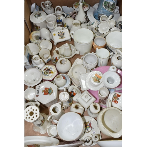 576 - THREE BOXES OF CRESTED WARES ETC, to include vases, jugs, monuments, pot lids etc, brands include Ar... 