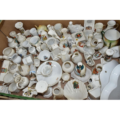 576 - THREE BOXES OF CRESTED WARES ETC, to include vases, jugs, monuments, pot lids etc, brands include Ar... 