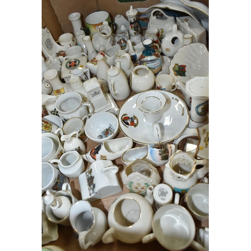 576 - THREE BOXES OF CRESTED WARES ETC, to include vases, jugs, monuments, pot lids etc, brands include Ar... 