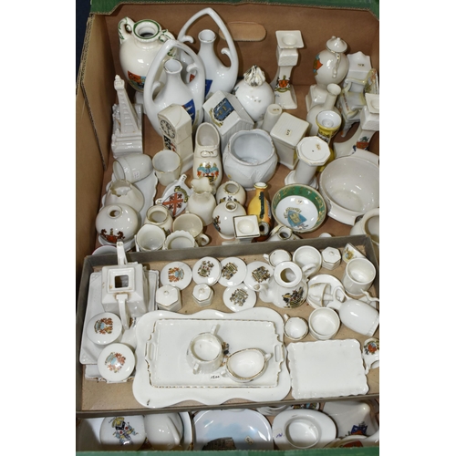 576 - THREE BOXES OF CRESTED WARES ETC, to include vases, jugs, monuments, pot lids etc, brands include Ar... 