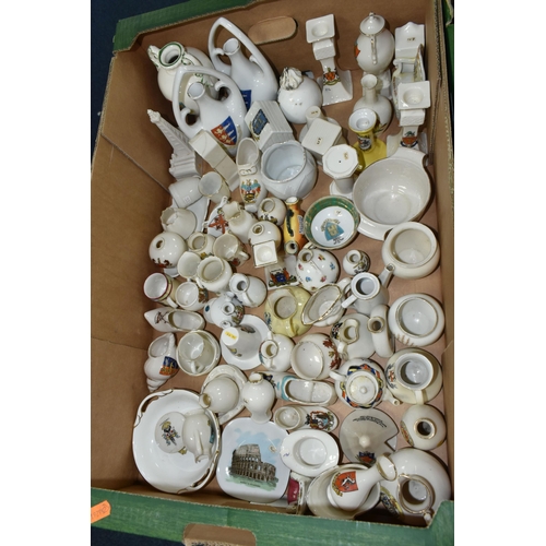 576 - THREE BOXES OF CRESTED WARES ETC, to include vases, jugs, monuments, pot lids etc, brands include Ar... 