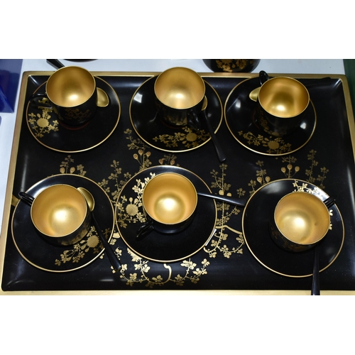 578 - A CHINESE LACQUER WARE TEASET, comprising of a tray, six cups, saucers and spoons, teapot, milk jug ... 