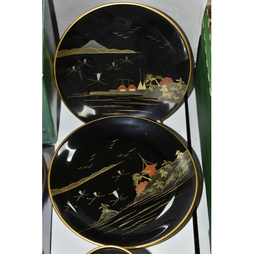 578 - A CHINESE LACQUER WARE TEASET, comprising of a tray, six cups, saucers and spoons, teapot, milk jug ... 