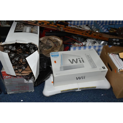 580 - THREE BOXES AND LOOSE SUNDRY ITEMS ETC, to include a boxed Wii console with balance board and games,... 