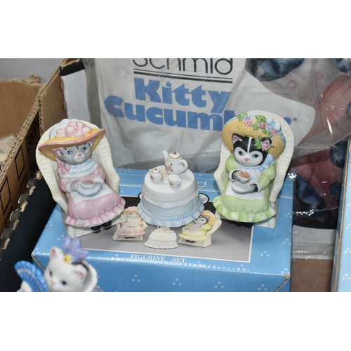 581 - TWO BOXES AND LOOSE NOVELTY ORNAMENTS ETC, to include Schmid Kitty Cucumber cat sculptures and plate... 