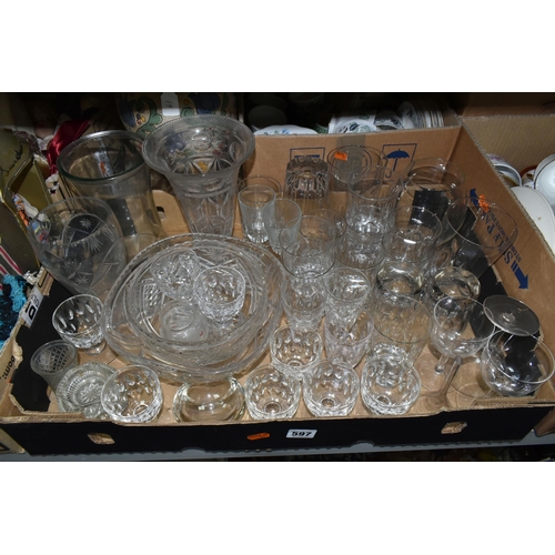 597 - THREE BOXES OF CERAMICS AND GLASSWARE, to include china tea sets, drinking glasses, an Austrian Kera... 