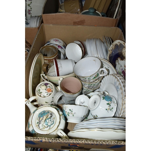 597 - THREE BOXES OF CERAMICS AND GLASSWARE, to include china tea sets, drinking glasses, an Austrian Kera... 