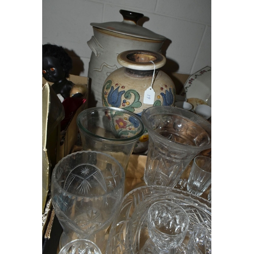 597 - THREE BOXES OF CERAMICS AND GLASSWARE, to include china tea sets, drinking glasses, an Austrian Kera... 