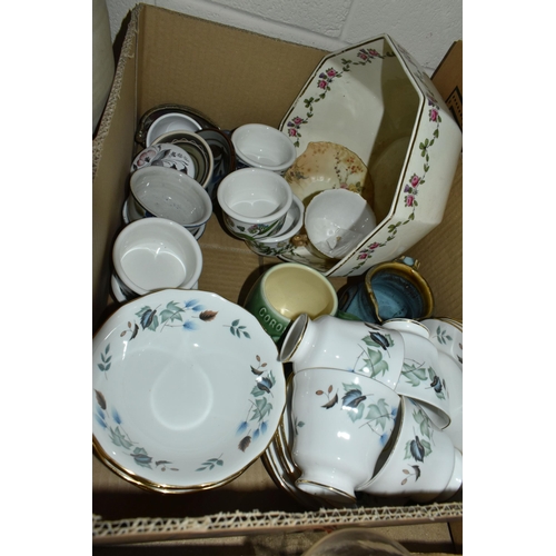 597 - THREE BOXES OF CERAMICS AND GLASSWARE, to include china tea sets, drinking glasses, an Austrian Kera... 