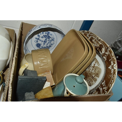 597 - THREE BOXES OF CERAMICS AND GLASSWARE, to include china tea sets, drinking glasses, an Austrian Kera... 