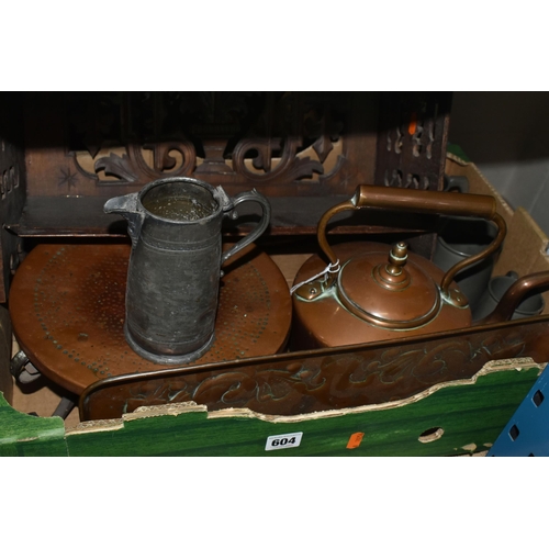 604 - TWO BOXES OF METALWARES, to include a copper tray decorated with fish, length 43cm x depth 18cm, a b... 