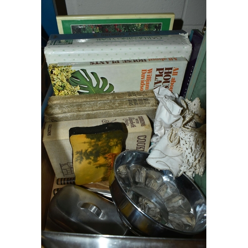 605 - TWO BOXES AND LOOSE CLOCKS, METAL WARES, BOOKS AND SUNDRY ITEMS, to include a modern Warmink mantel ... 