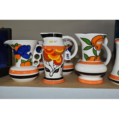 607 - NINE WADE JUGS FROM THE GALLERY COLLECTION, each inspired by 1930s Wade Heath designs, comprising Su... 