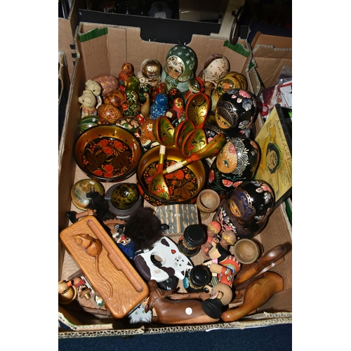 612 - FOUR BOXES OF COCA COLA EPHEMERA, RUSSIAN FOLK ART, METAL WARES, AND SUNDRY ITEMS, to include a coll... 