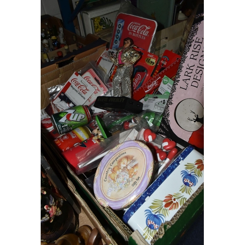 612 - FOUR BOXES OF COCA COLA EPHEMERA, RUSSIAN FOLK ART, METAL WARES, AND SUNDRY ITEMS, to include a coll... 